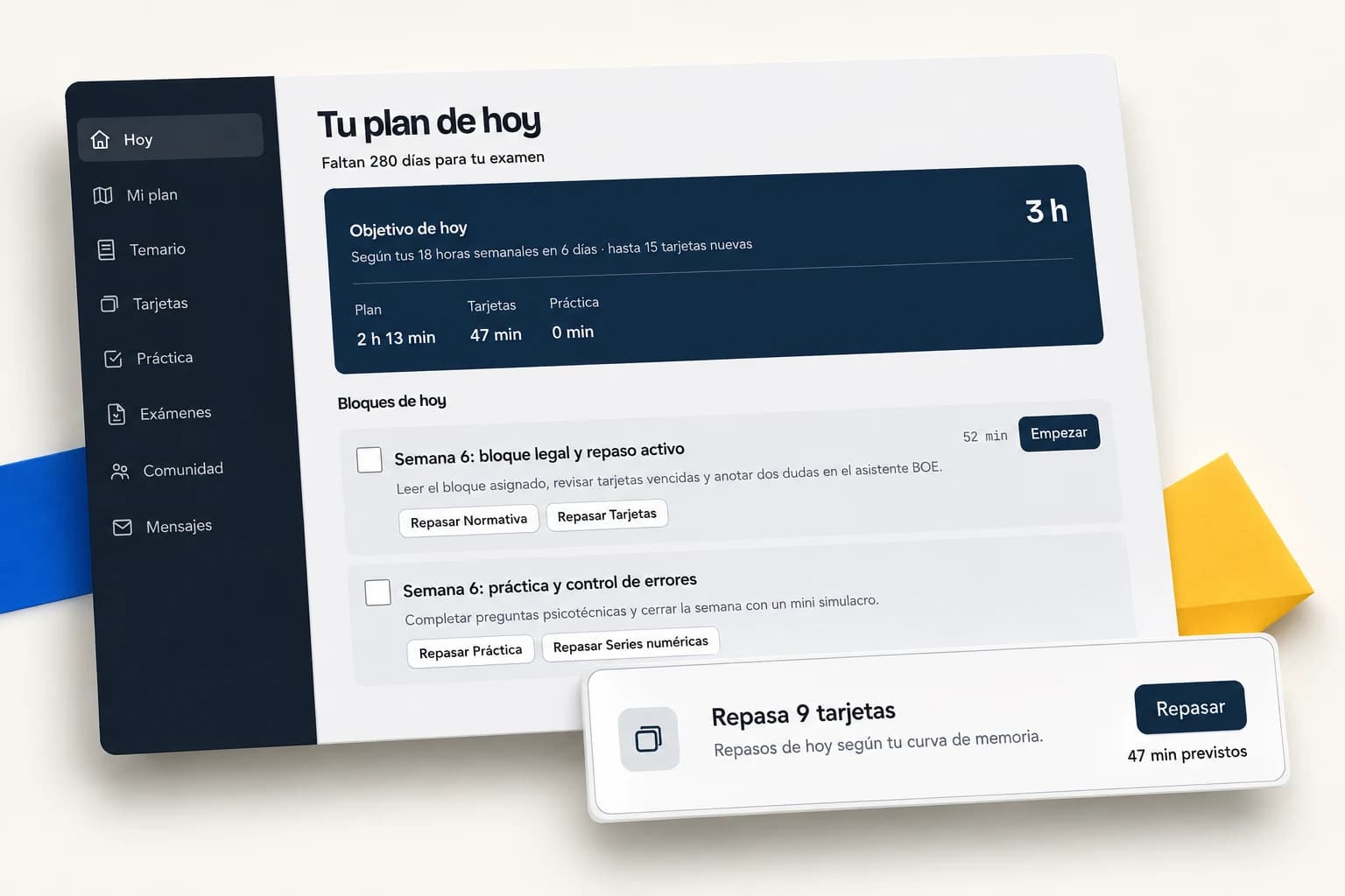 Plan diario del campus: bloques de estudio y acceso al repaso de tarjetas.