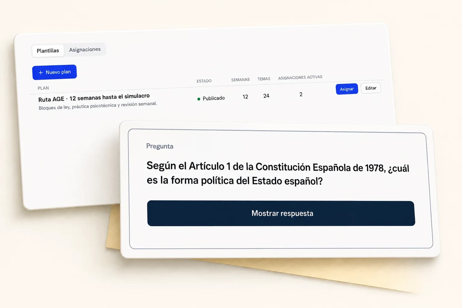 Plan de doce semanas y detalle de una tarjeta de repaso del temario.